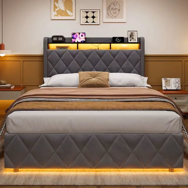 Letto matrimoniale contenitore imbottito grigio scuro 140x200 cm con LED e ricarica USB
