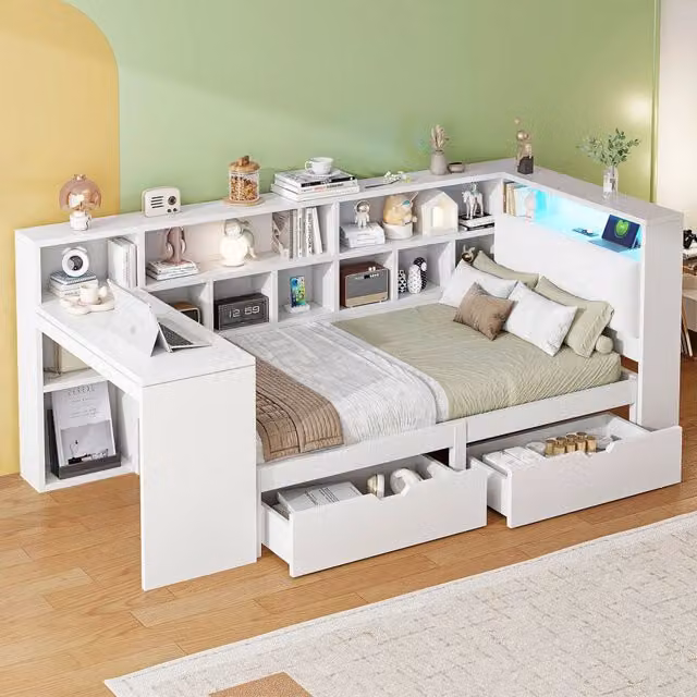 Letto singolo 90 × 200 cm con scrivania, libreria, cassetti e LED regolabili, senza materasso, bianco