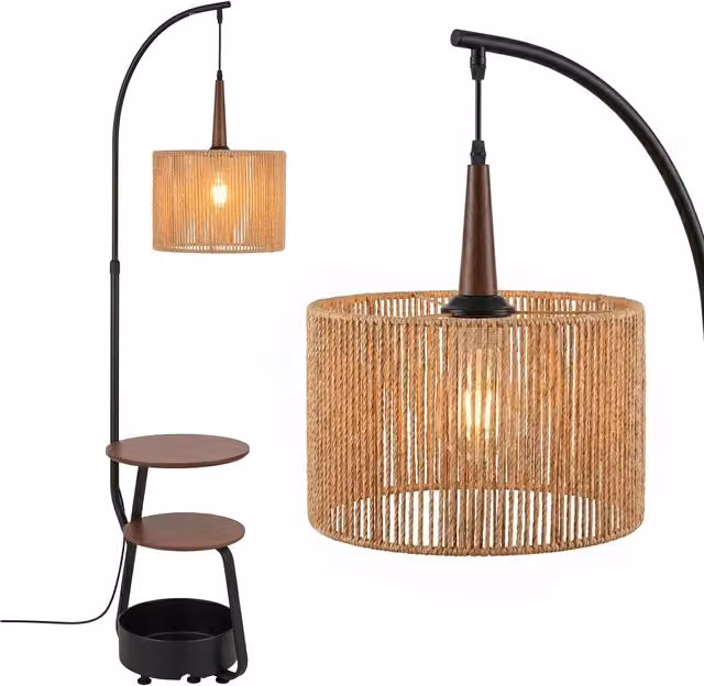 Lampada da terra Toolight G156-1f Nature in metallo e rattan beige e nero con paralume cilindrico in stile boho