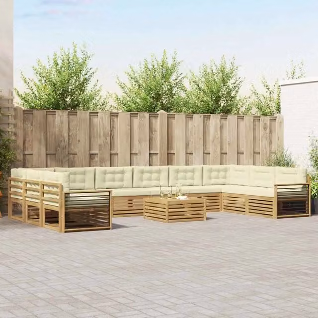 Set di divani da giardino a L con tavolo da caffè vidaXL in legno di acacia marrone e beige, 11 pezzi