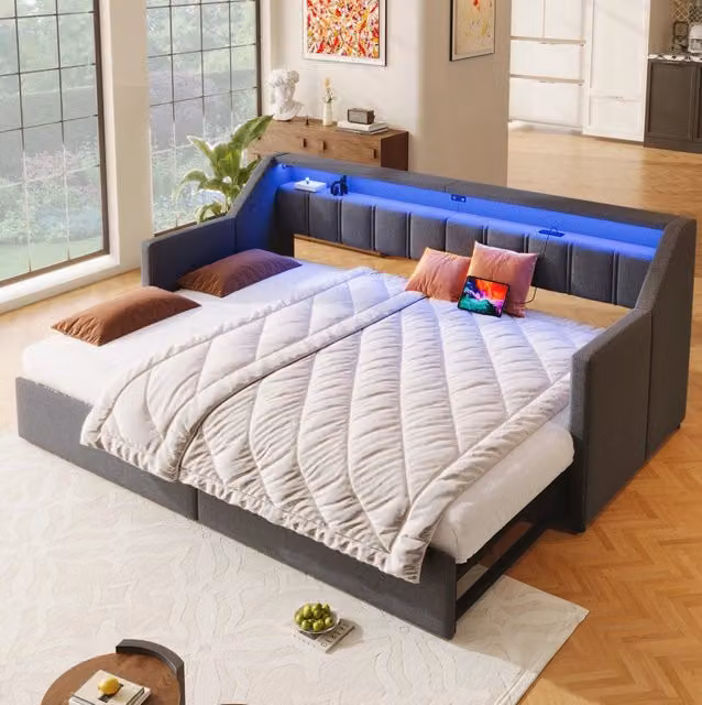 Letto singolo estraibile grigio 90x200 cm con LED, USB-C, cassetti e vano letto