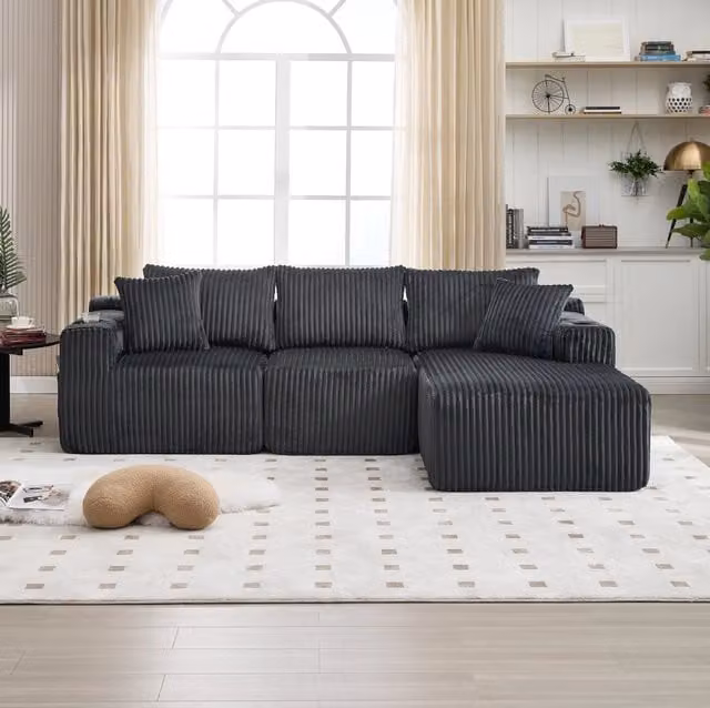 Divano modulare ULEVR 257 cm con chaise longue e 2 posti, 5 cuscini, tasche laterali e portabevande, grigio in velluto a coste