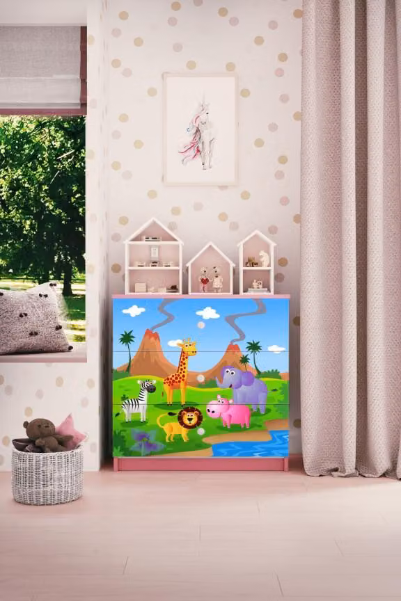 Cassettiera per bambini Safari nel colore rosa Babydreams