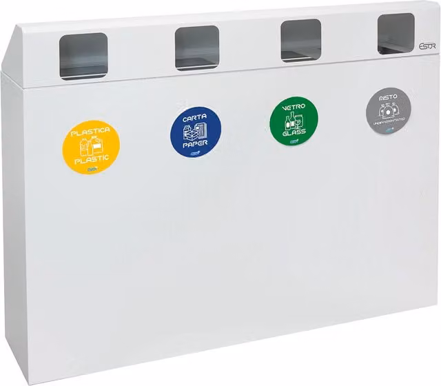 Pattumiera per Raccolta Differenziata 4 Scomparti 240 L 120x30x96 cm in Acciaio Verniciato Bianco