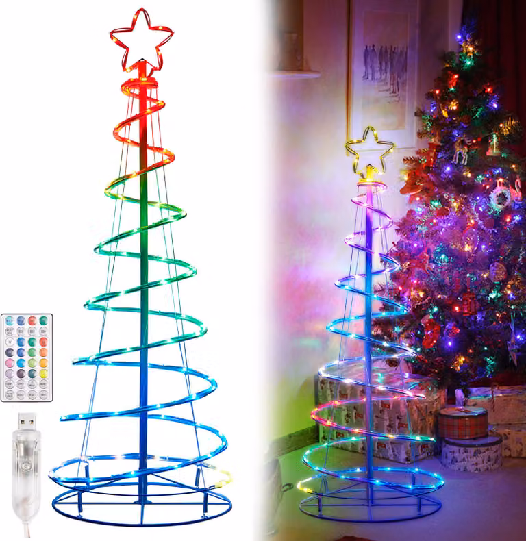 Albero di Natale LED con punta a stella LED, 135 luci LED Albero luminoso USB, 1,8 m Catena luminosa RGB per albero di Natale con telecomando, 8 modalità e timer, pieghevole