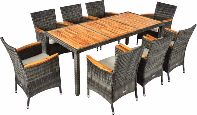 Set da pranzo da giardino in legno di acacia con tavolo rettangolare e 9 pezzi, colori beige e grigio – 1