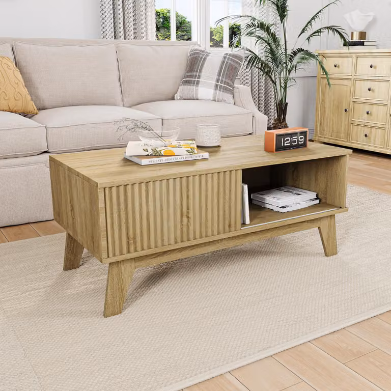 Tavolino da caffè in legno con ante scorrevoli e vano portaoggetti aperto, design moderno con frontale a onde, gambe in legno inclinate, stile rustico, ideale per il soggiorno
