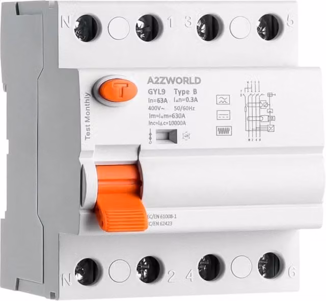 Interruttore Differenziale RCCB Tipo B A2ZWORLD 3P+N 4M 63A 400V 300mA GYL9 Bianco
