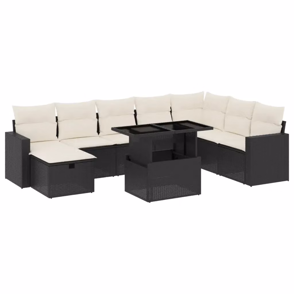 vidaXL Set Divani da Giardino a L 9 pz in Polyrattan Nero con Cuscini e Tavolino da Esterno – 2
