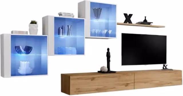Composizione murale SWITCH XX – Doppio mobile TV, cubi vetrati LED e scaffale – Rovere Wotan e bianco lucido – Design moderno