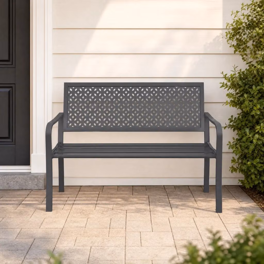 Panchina a 2 posti REDOM in acciaio con braccioli, colore grigio, L: 126 cm, P: 61 cm, H: 85 cm – 2