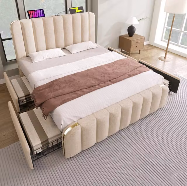 Letto matrimoniale 140x200 cm beige in lino con contenitori, USB-C e materasso
