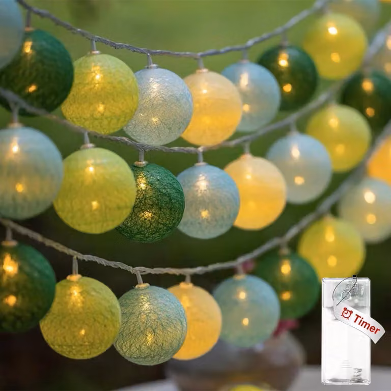 Catena luminosa con 10 palline di cotone, lunghezza 1,5 metri, con luci LED e timer