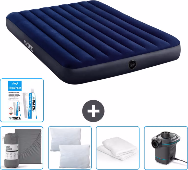 Letto gonfiabile Intex - 2 persone - 152 x 203 x 25 cm - blu - lenzuolo incluso - bacio - pompa - set di riparazione e protezione per cuscini
