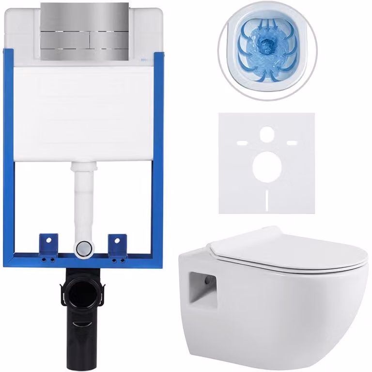 Set completo per WC da incasso, modello Lite/Dure, colore bianco lucido, pulsante per WC modello Line, acciaio inossidabile, da incassare, dimensioni 51x35 cm