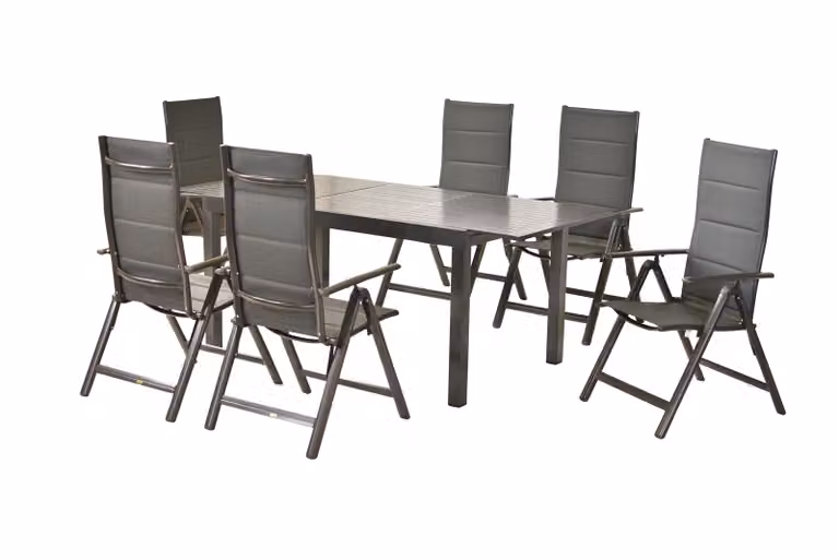 Set di mobili da giardino Merxx Taviano 7 pezzi, 6 sedie pieghevoli, tavolo allungabile 150 (200) x 90 cm, piano del tavolo in alluminio - alluminio/tessuto