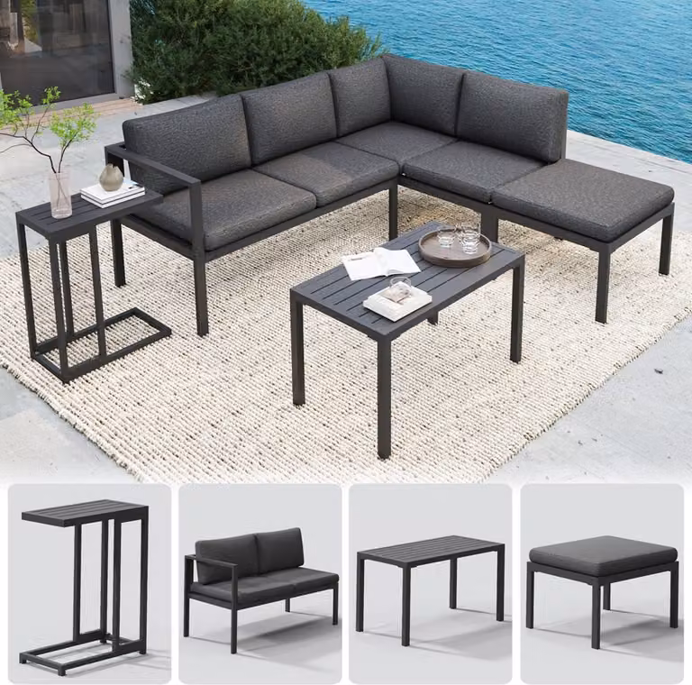Gruppo di sedute in alluminio - divano angolare con tavolino, salotto da giardino resistente alle intemperie