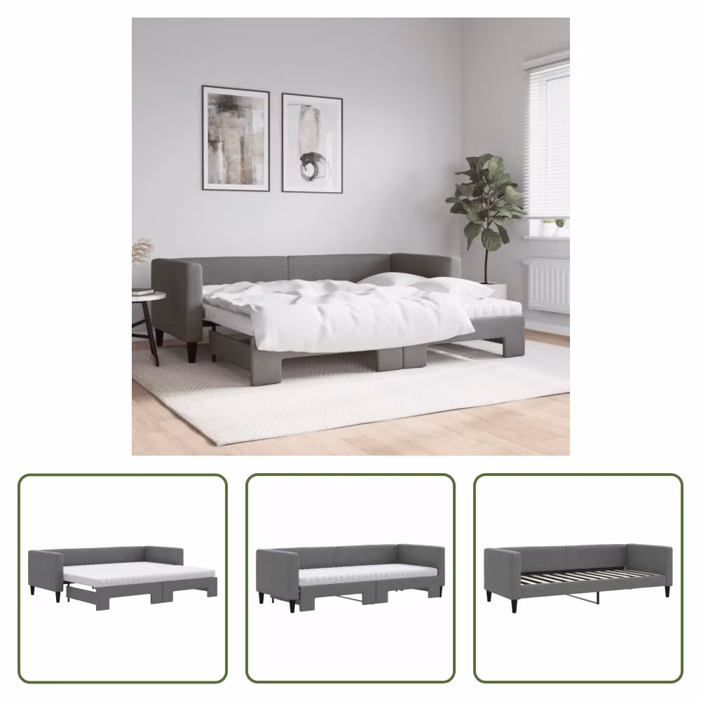 The Living Store Letto da giorno allungabile con materassi grigio scuro 80x200 cm in tessuto