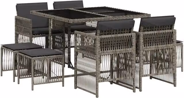 Set da Pranzo da Giardino 9 pz | Set Salotto da Giardino con Cuscini in Polyrattan Grigio