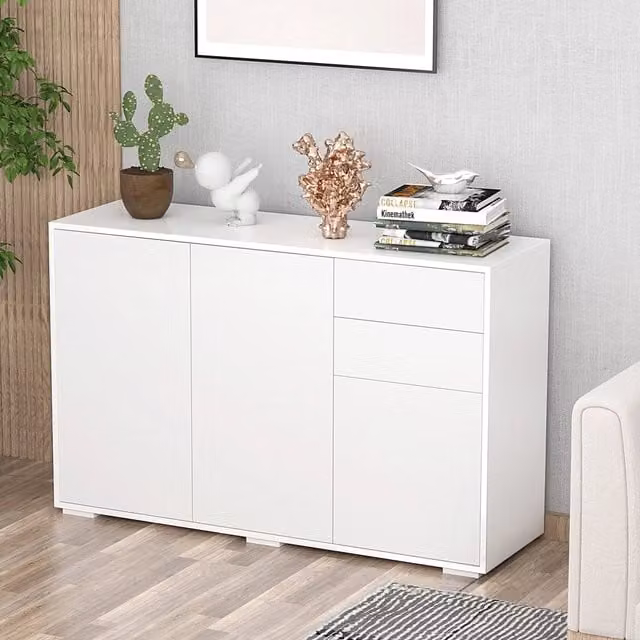 Madia moderna REDOM bianca con 2 cassetti e 3 ante, L 117 cm x P 36 cm x H 74 cm