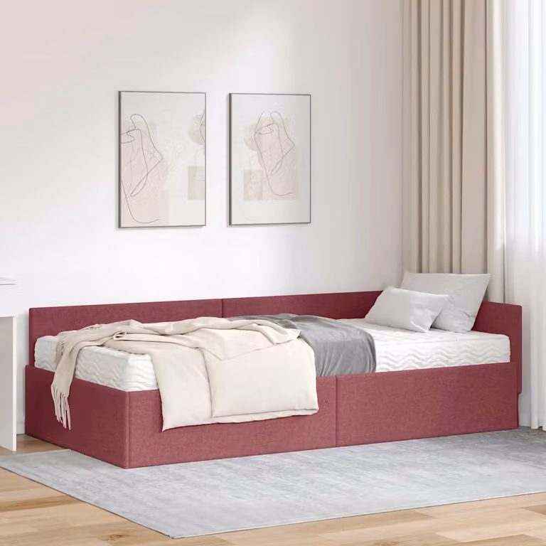 vidaXL Letto Angolare Moderno con 2 Materassi in Schiuma, Struttura Imbottita in Tessuto Rosso, L/P/H: 194 x 90 x 57 cm