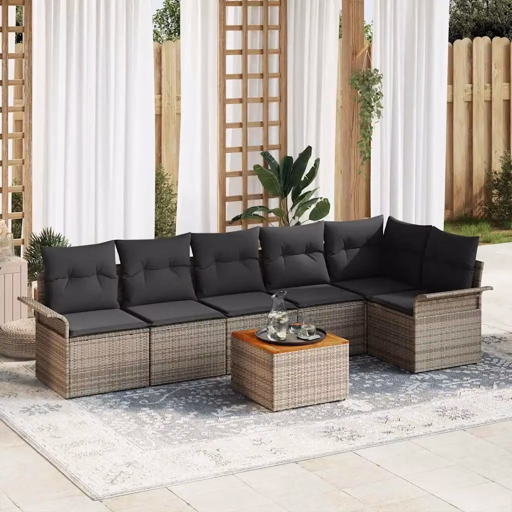 Set Divano da Giardino vidaXL 7 Pezzi in Polyrattan Grigio con Cuscini e Tavolino – 1