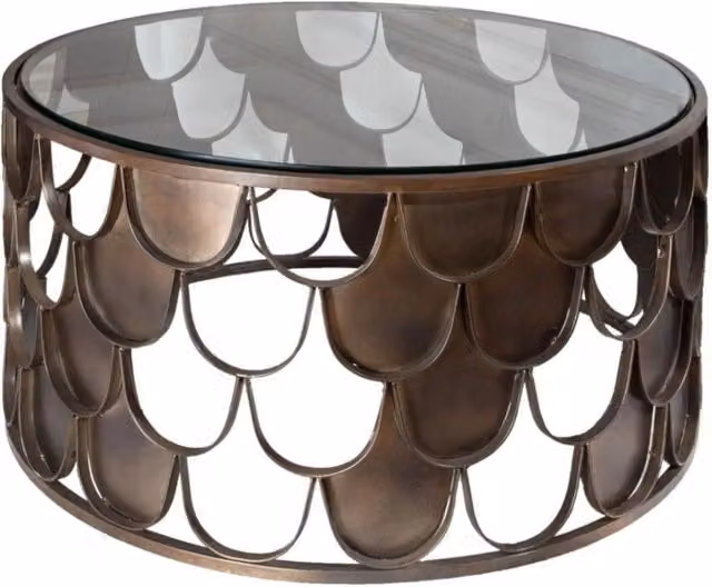Tavolino basso rotondo METRIX Meublorama in metallo e vetro temperato bronzo Diametro: 60 cm, Altezza: 35 cm