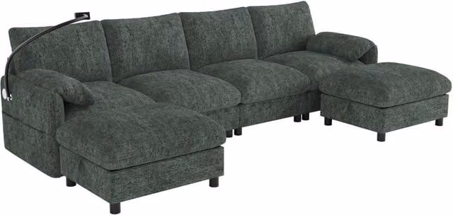 Divano modulare in chenille con 2 pouf contenitore; USB e Type-C; supporto telefono; 273;5x133x81 cm verde