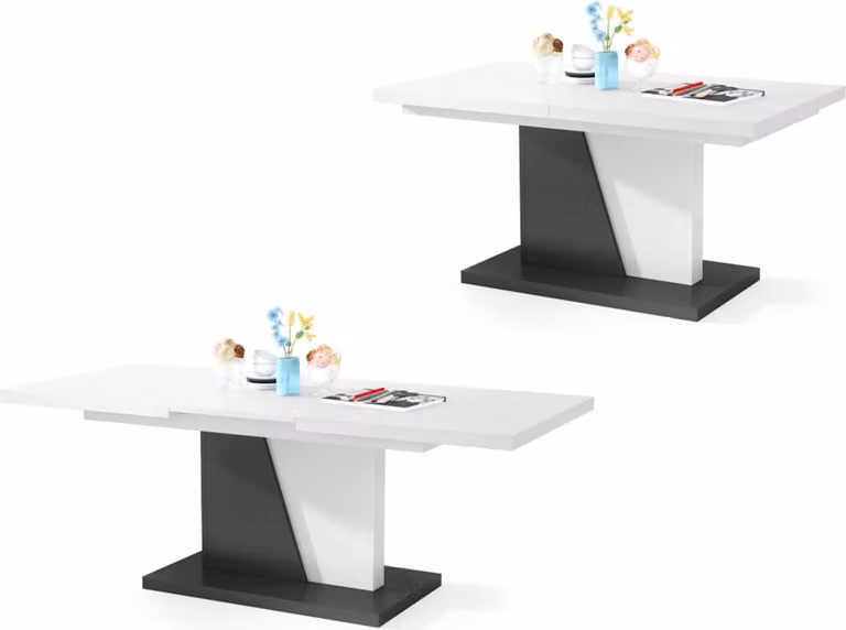 Tavolino Noel, adatto come tavolino da caffè, tavolino per il soggiorno, tavolino da divano con ripiani, oppure come tavolo da pranzo con piano allungabile, dimensioni 120x70 cm, colore bianco e antracite