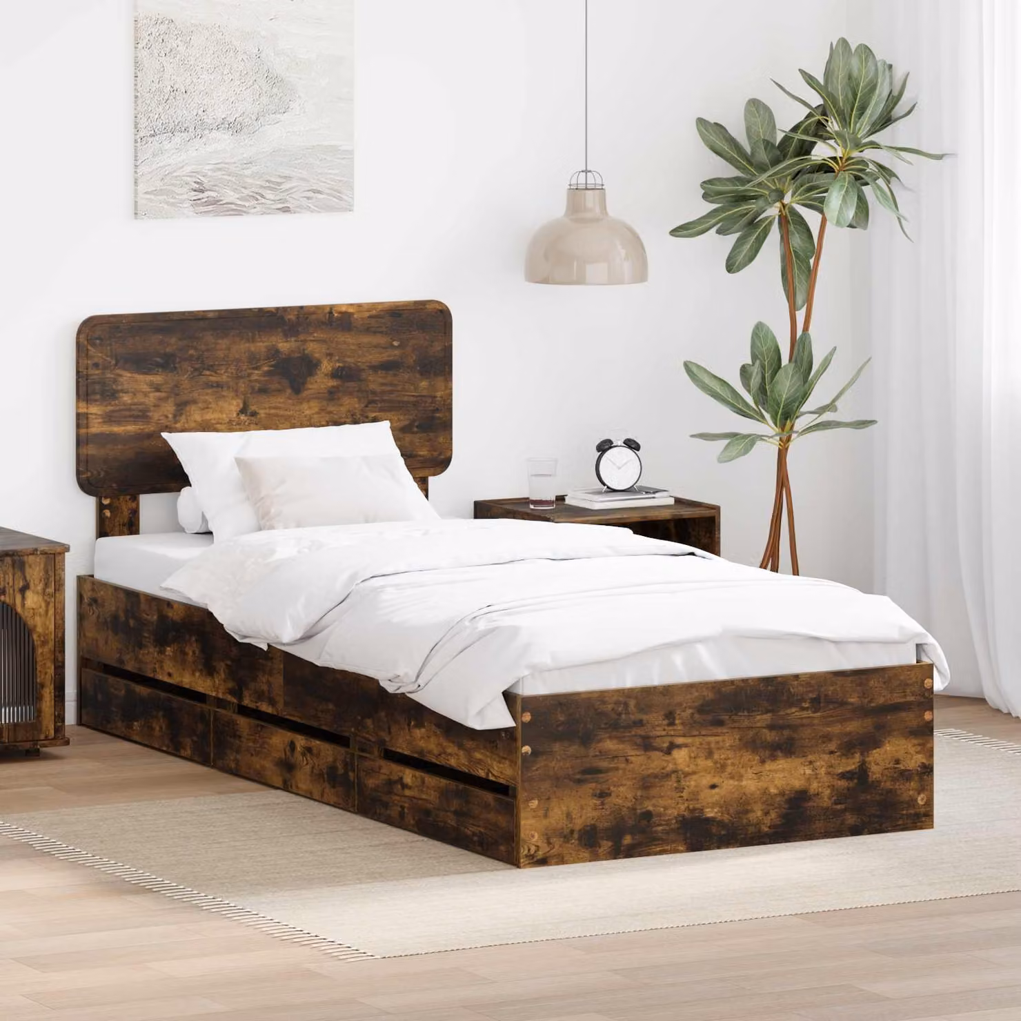 vidaXL Struttura del letto moderna con cassetto in legno color quercia affumicata, L/P/H: 90 x 190 x 93 cm