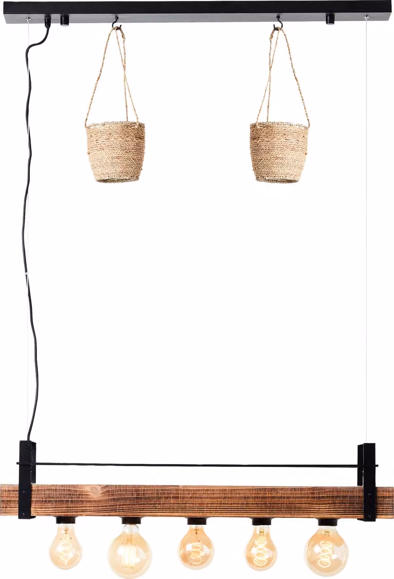 BRILLIANT Lampada a sospensione Bankwood, 5 luci, nero/effetto legno, 99541/76