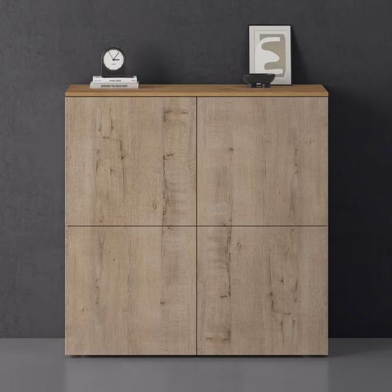 doporro Mobile Organizzatore Credenza Buffet in Legno con 4 Ante Push-to-Open e Soft-Close per Soggiorno, Sala da Pranzo o Ingresso, 76x36,4x76 cm Marrone chiaro e Rovere chiaro Schrank04