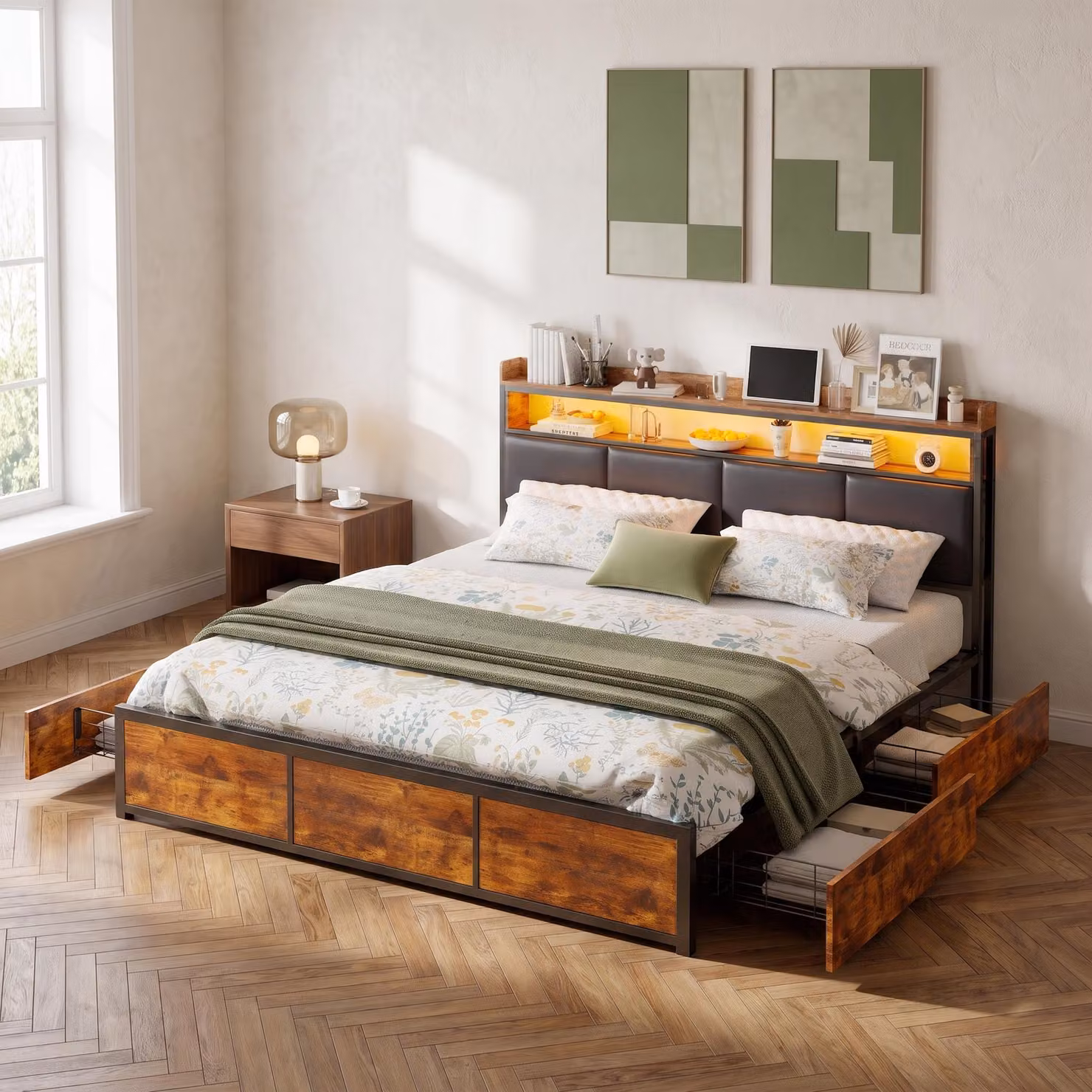 Letto matrimoniale in metallo INONEFT, 160x200 cm, con spazio contenitore, letto per ragazzi/adulti, con LED e 4 cassetti, letto multifunzionale con spazio contenitore e ripiano imbottito. Materiale: PU
