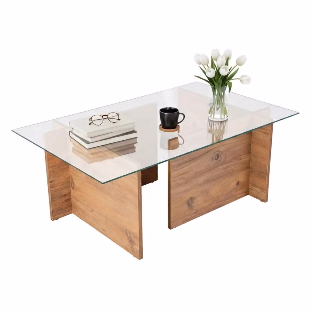 Tavolino da salotto Azriel DMORA in legno di pino marrone e vetro trasparente, L: 105 cm, P: 65 cm, H: 40 cm – 2