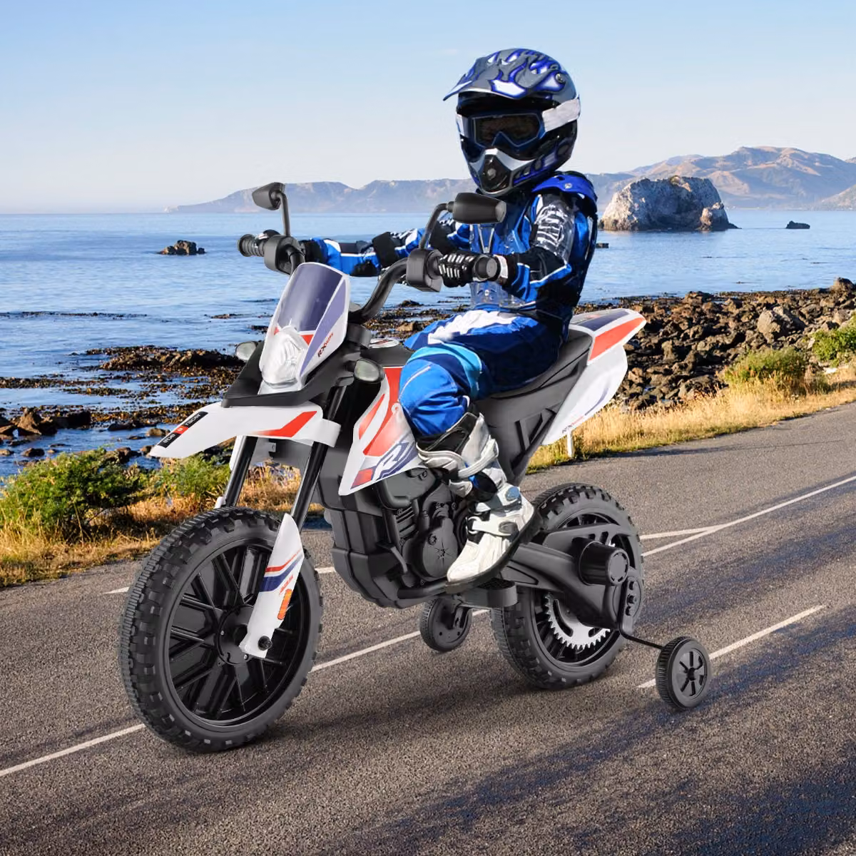 Moto elettrica 12V Costway con licenza Aprilia e ruote aggiuntive per bambini, colore bianco