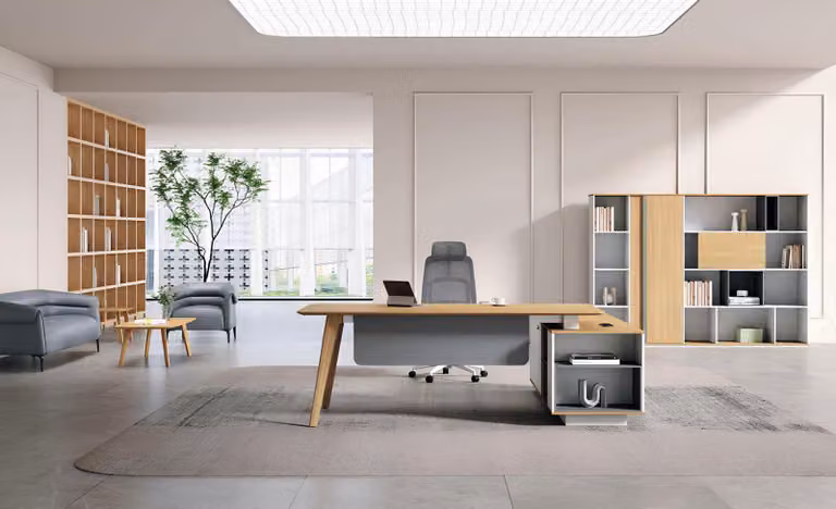 Set da ufficio moderno in tonalità marrone: elegante scrivania angolare in legno con libreria