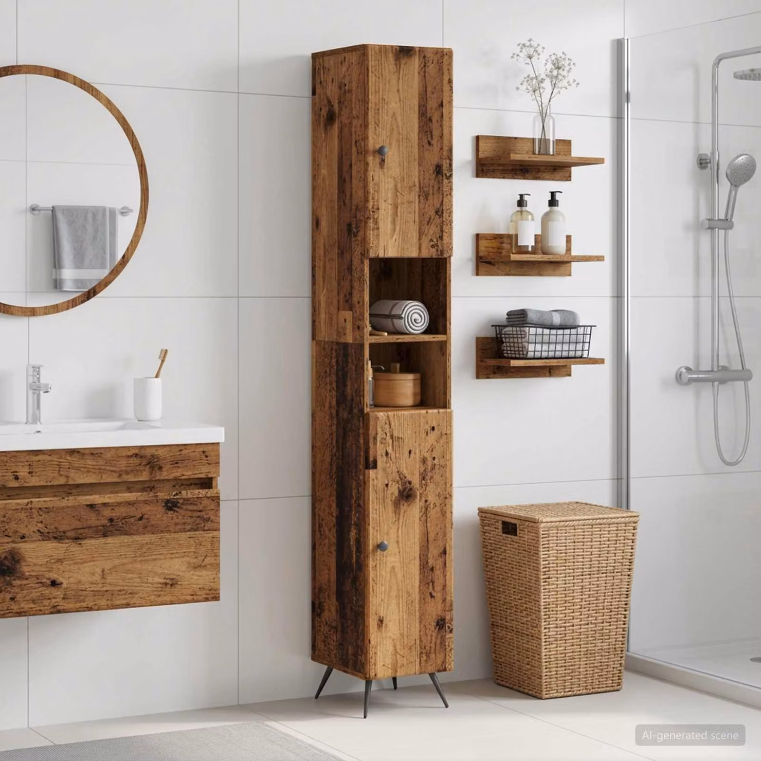 Armadio da bagno vidaXL BREDA con ripiano aperto e ante a battente in legno antico e metallo, marrone opaco, H: 190 cm, L: 31 cm, P: 30 cm