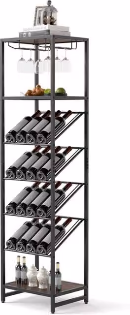 Portabottiglie da vino e supporto per liquori a 7 livelli in metallo nero opaco con design anti-ribaltamento e portabicchieri, modello da parete in stile rustico
