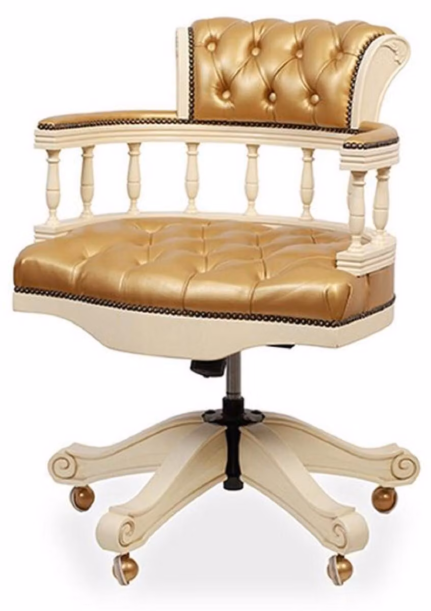 Casa Padrino Sedia da scrivania barocca in pelle oro/crema - Sedia da ufficio in vera pelle regolabile in altezza - Mobili per ufficio - Nobile & Magnifico