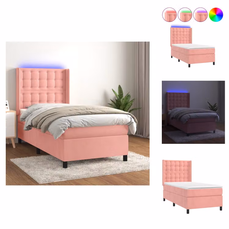 vidaXL Letto a molle con materasso e LED in velluto rosa 80x200 cm - Letti & strutture letto