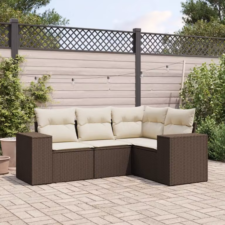 vidaXL Set Divano da Giardino a L in Polyrattan Marrone con Cuscini Bianchi e Struttura in Metallo