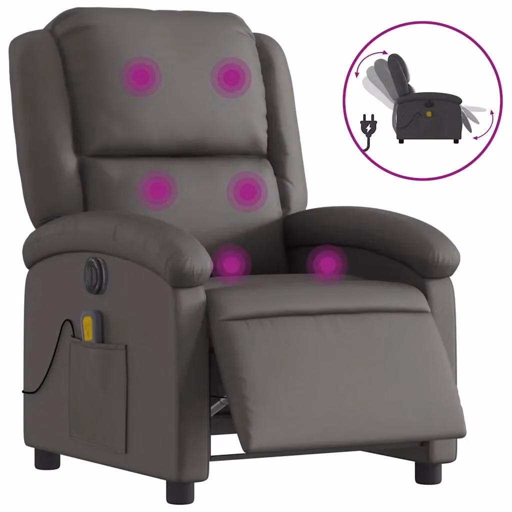 Poltrona Reclinabile Elettrica vidaXL in Vera Pelle Grigia con Braccioli – 2