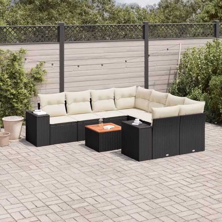 vidaXL Set Divani da Giardino a L 9 pz in Polyrattan Nero con Cuscini e Tavolino
