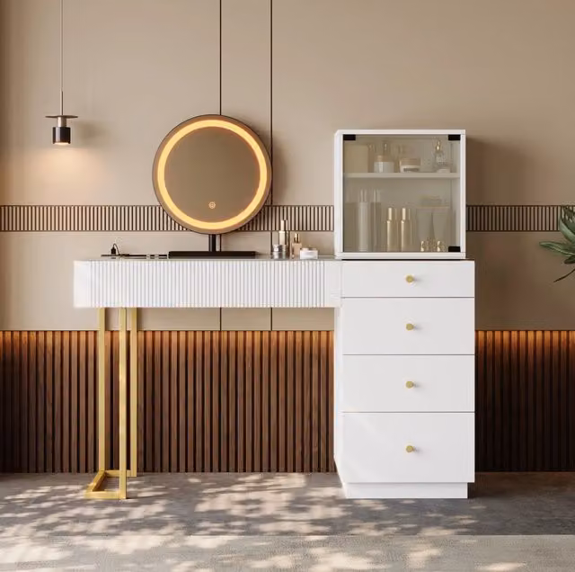 Toeletta ULEVR 120x40x120 cm con specchio LED a 3 tonalit¨¤, 5 cassetti e mobile con anta in vetro, bianca