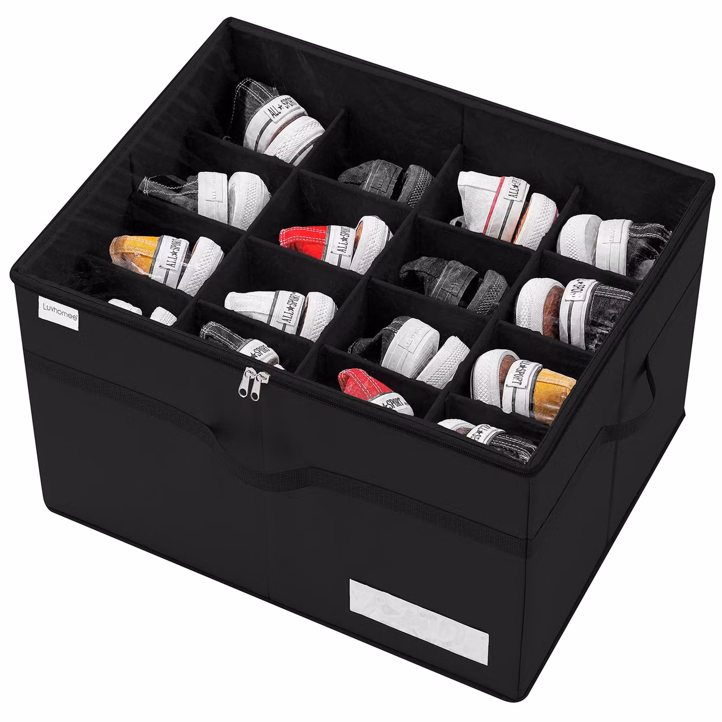 Contenitore salvascarpe salvaspazio, pieghevole, per 16 paia, con maniglie rinforzate e supporto per il fondo. Dimensioni: 53x42x33 cm. Contenitore per scarpe