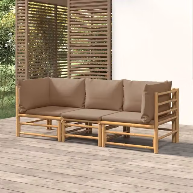 Set Salotto da Giardino Moderno vidaXL in Bambu con Cuscini Beige 3 Pezzi – 1