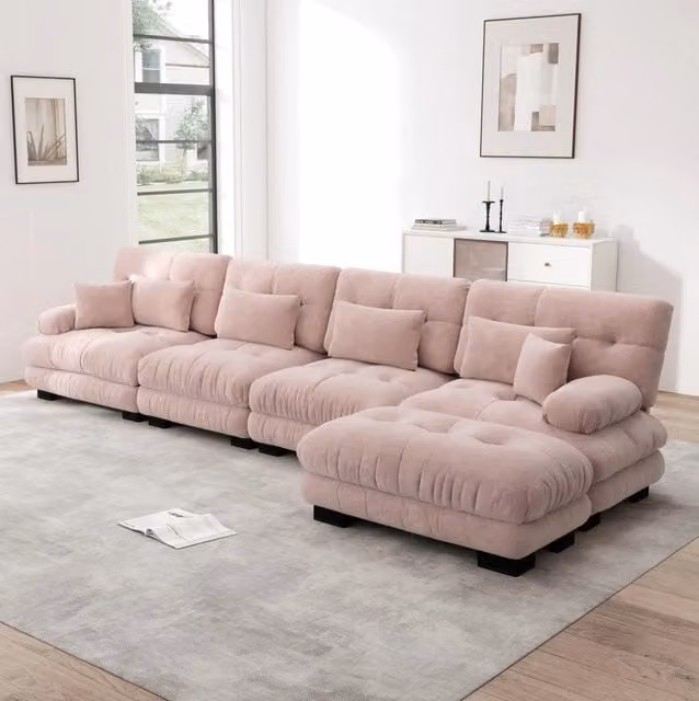 Divano angolare modulare 406x145x81 cm in chenille rosa, con ottoman mobile per soggiorni –