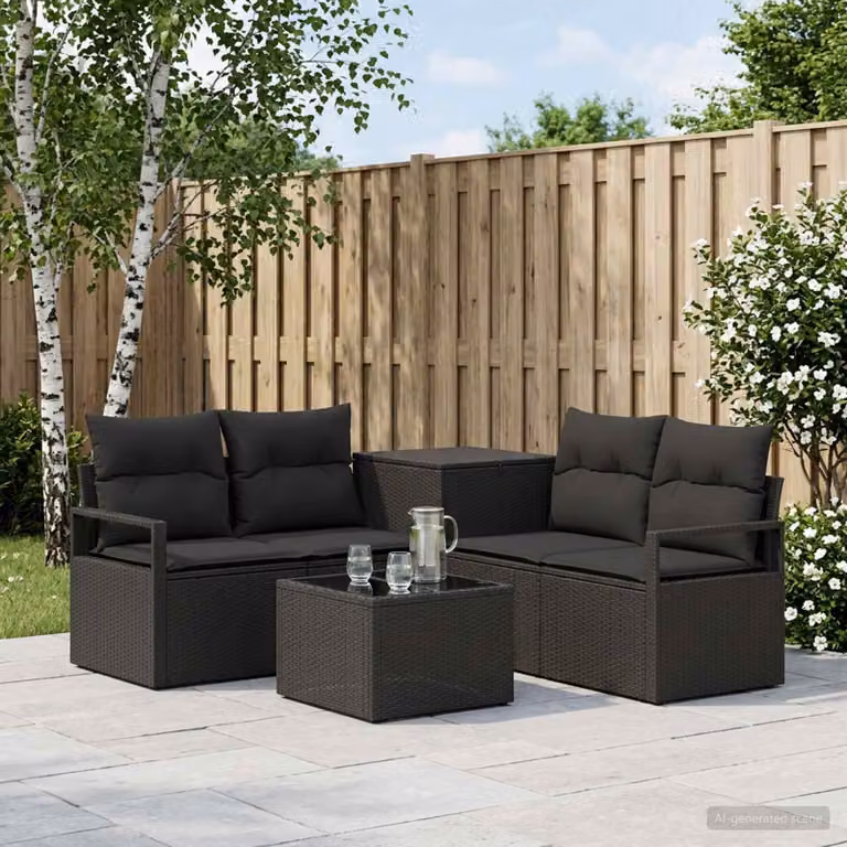 Set di divani da giardino vidaXL 6 pezzi a forma di L in polyrattan nero con cuscini e tavolino da caffè