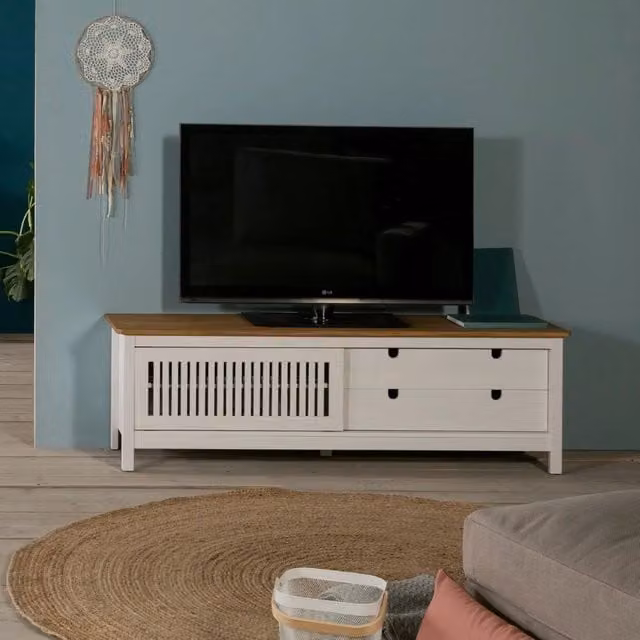 Mobile porta TV Bruna bianco e pino con anta scorrevole effetto griglia e cassetti in legno massiccio 158