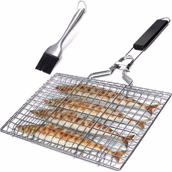 Set da barbecue portatile - In acciaio inossidabile - Pieghevole - Facile da trasportare - Con manico rimovibile - Include pinze da barbecue e borsa da trasporto - Adatto per grigliare pesce, verdure e gamberetti